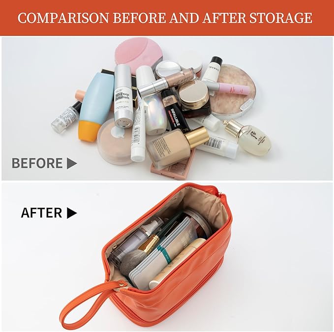 Abiudeng Large Capacity Makeup Bag Ladies Cosmetic Bag Travel Bag with Compartments Portable PU Leather Travel Makeup Bag with Handle