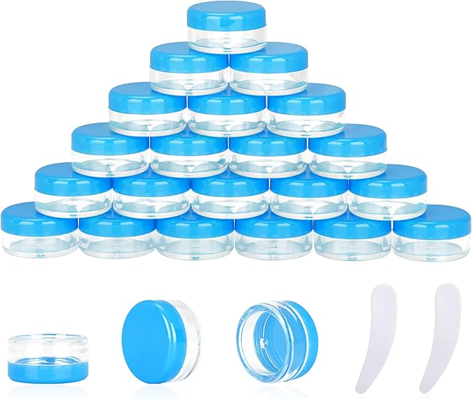 25PCS 3 Gram Sample Containers, 3ml Empty Jars with Lids, Small Cosmetic Containers, Mini Sample Jars with 2PCS Mini Spatulas for Make Up, Oils, Lotion, Powder, Paint, Jewelry, Lip Balms(Blue Lid)