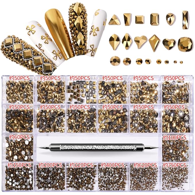 3100Pcs Nail Crystal Rhinestones Kit, Mix Shapes AB Glass, 3D Diamonds Flatback Crystals, with a Drill Pen, Nail Crystal Non Hotfix, Nail Art Decoration(Mineral Gold)