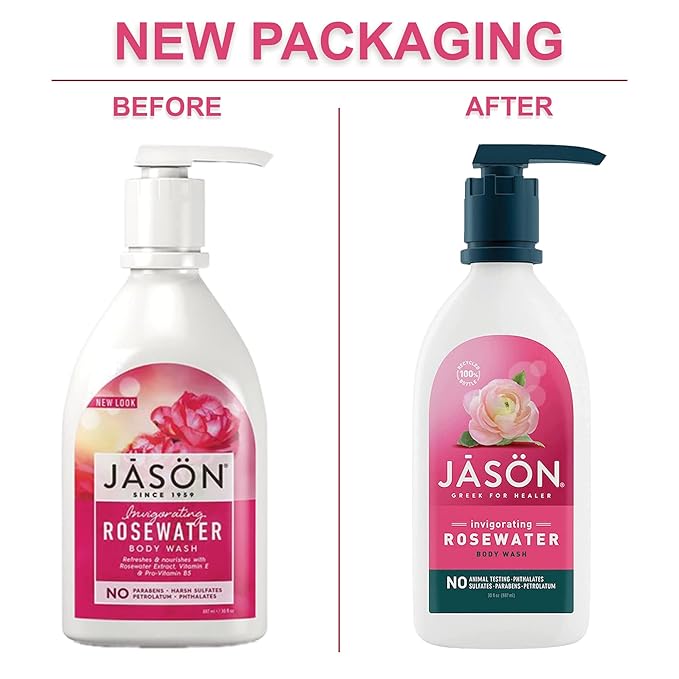 JASON Natural Body Wash & Shower Gel, Invigorating Rosewater, 30 Oz (Pack of 2)