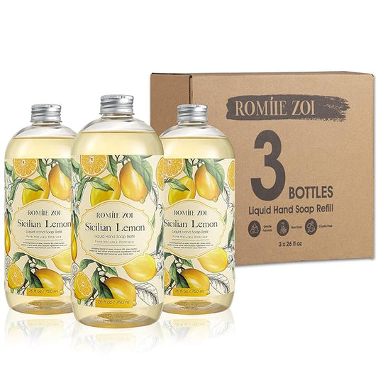 Lemon Scent Liquid Hand Soap Refills - Natural, Gentle & Moisturizing Formula - Family Size 3 Pack, Ideal for Liquid Soap Dispensers in Kitchen and Bathroom