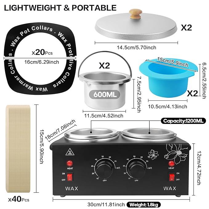 1.2L Double Wax Warmer Machine Wax Pot for Hair Removal, Professional Electric Wax Heater with Adjustable Temperature Set for Women Men with 40PCS Wooden Wax Sticks and Two Silicone Bowls