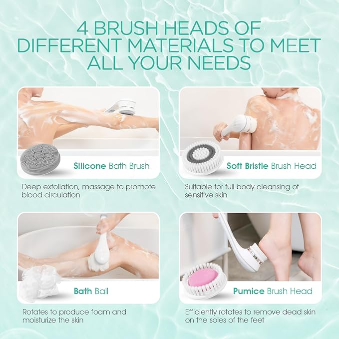 VOYOR Electric Body Brush Back Scrubber for Shower Rechargeable Exfoliating Bath Brush Powered Shower Brush with Non-Slip Long Handle Deep Cleansing, Exfoliation, Massaging Spin Brush BC100 (Gery)