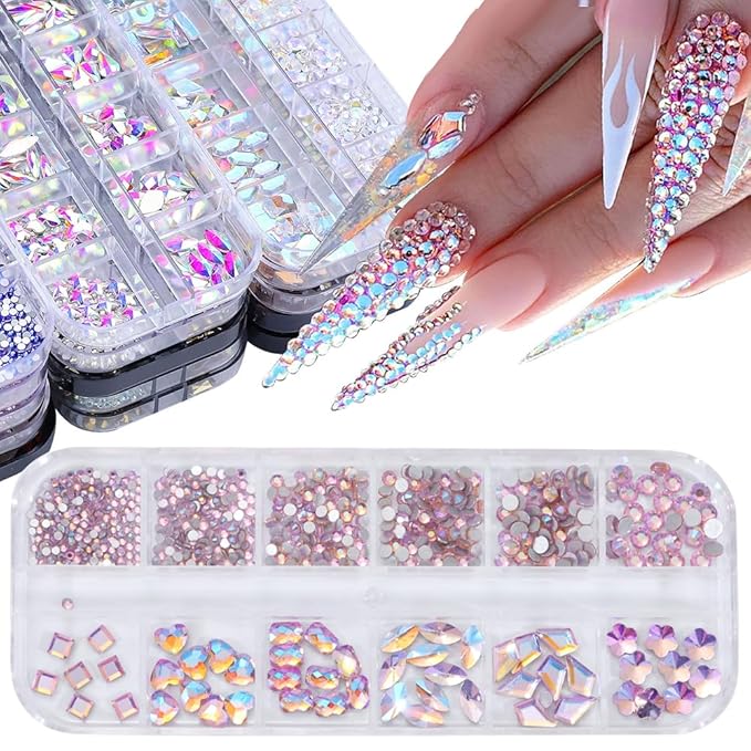 1000Pcs 12Gird Box Multi Size AB/Colorful Irregular Rhinestones Flatback Crystal Diamond Gems, with Pick Up Tweezers and Picker Dotting Pen for Nails, Makeup