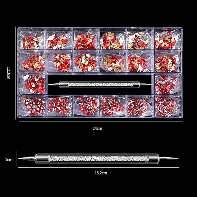 3100Pcs Nail Crystal Rhinestones Kit, Mix Shapes AB Glass, 3D Diamonds Flatback Crystals, with a Drill Pen, Nail Crystal Non Hotfix, Nail Art Decoration(Red)