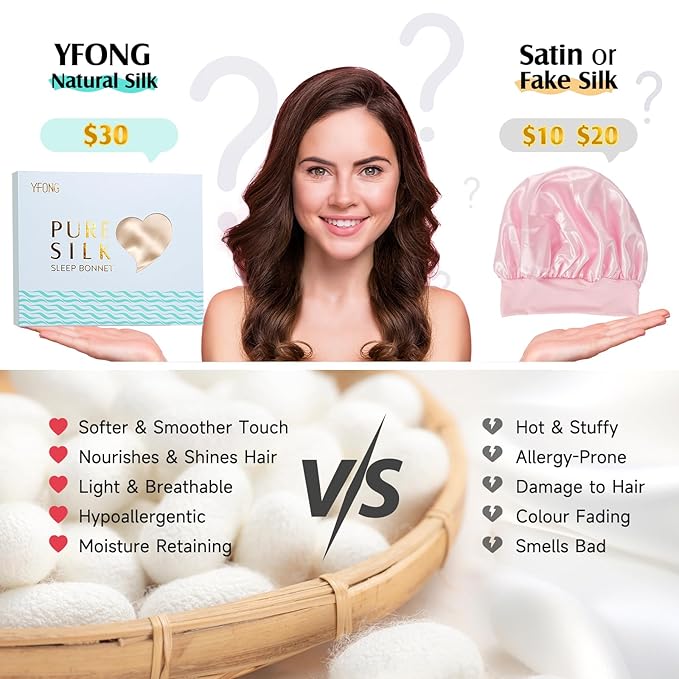 YFONG 100% 22 Momme Mulberry Silk Bonnet for Sleeping Women, Larger Double Layer Silk Hair Wrap for Curly Short Long Hair, Non-Slip Sleep Cap Turban with Elastic Tie Band for Hair Care, Champagne