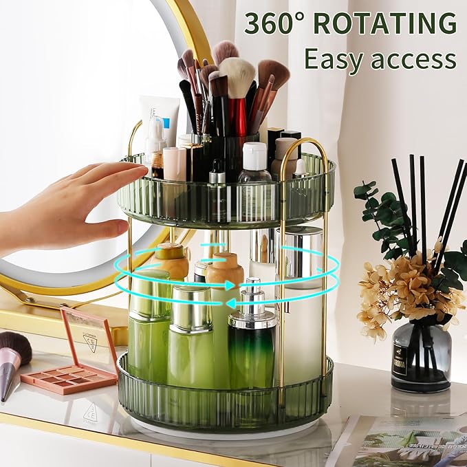360° Rotating Makeup Organizer, Large-Capacity Skincare Make Up Storage 2 Tier Perfume Organizers Cosmetic Dresser Organizer with Makeup Brush Holder, Fits Bedroom, Bathroom, Vanity Shelf Countertop