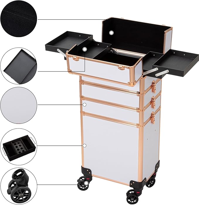 4 in 1 Portable Traveling Aluminum Professional Makeup Trolley Cart with Multiple-Sized Compartments and Wheels (Gold with White)