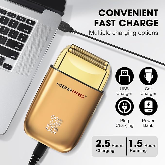 Foil Shaver for Men Barber, Double Electric Foil Trimmer, Professional Electric Razor, Close Shaver, Cordless Rechargeable with USB, Detachable Design, LED Display, Gold