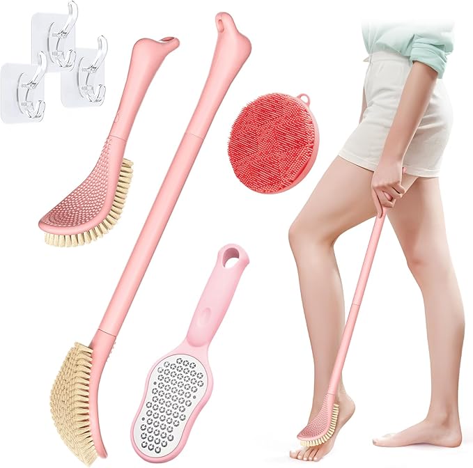 3-in-1 Foot Scrubber Set, Wet or Dry Brush, Adjustable Foot File and Silicone Body Scrubber, Giftbox (Pink Kit)