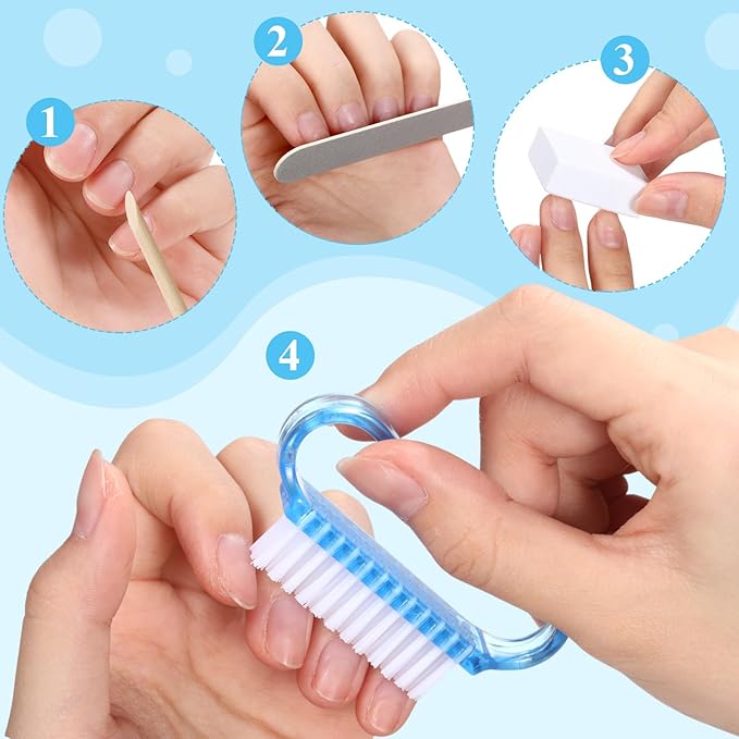 100 Sets Professional Disposable Manicure Kit Basics 4 Piece Nail Kit Wood Nail File 100/180 Grit, Mini Buffer 80/100 Grit, Wood Stick and Handle Grip Brush Gifts (Blue)