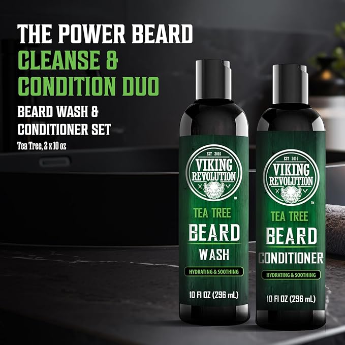 Viking Revolution Tea Tree Oil Beard Wash and Beard Conditioner For Men - Natural Beard Softener Set with Argan Oil, Vitamin E and Ginseng - Tea Tree Beard Shampoo and Conditioner Set (10 Oz)