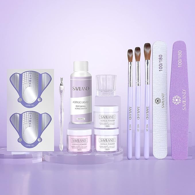 SAVILAND Acrylic Nail Kit: Professional Nails Kit Acrylic Set 15g Clear/White/Pink Powder and Liquid Monomer Set with Brushes Forms Dappen Dish for Beginner DIY at Home