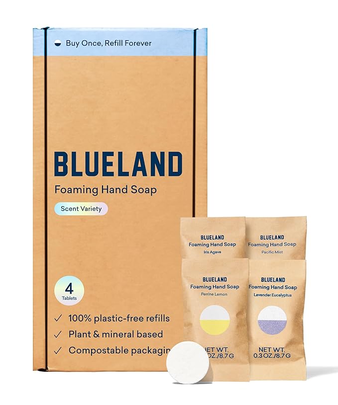 BLUELAND Foaming Hand Soap Refill Tablets, 4-Pack, Variety Scents, Eco Friendly Cleaning Products, 4 x 9 Fl oz