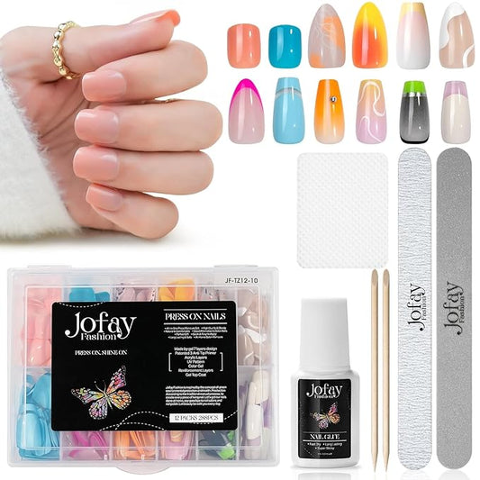12 Packs(288 Pcs) Press on Nails, Acrylic Nails Glue On Medium Coffin False Nails,Short Square Fake Nails Fit Perfectly Almond Nails Press on wtih Nail Glue 12 Colors Stick on Nails Set