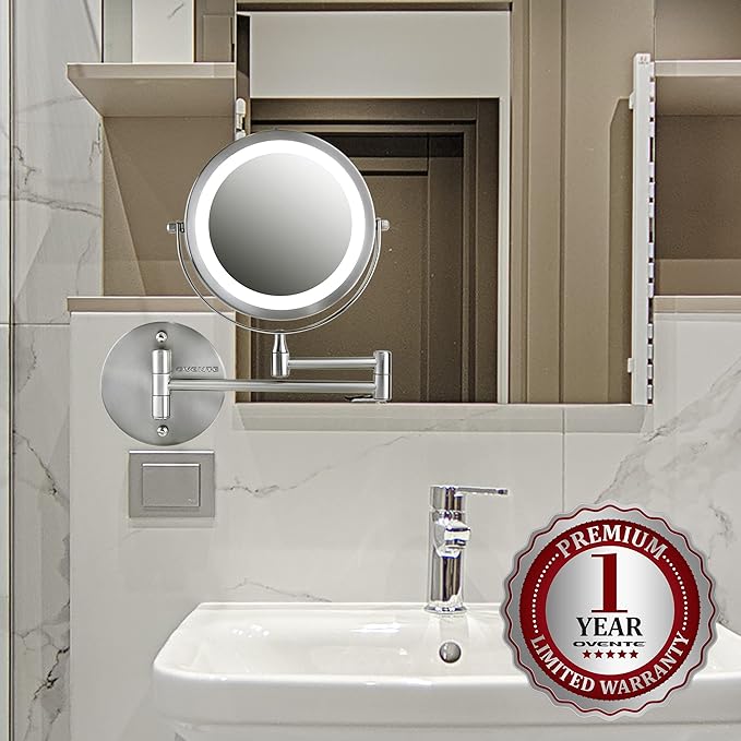 OVENTE 7" Lighted Wall Mount Makeup Mirror with 1X/7X Magnification, Cordless Double Sided Magnifying Round Vanity Mirror, 360° Swivel Design, Extendable and Folding Arm, Nickel Brushed MFW70BR1X7X