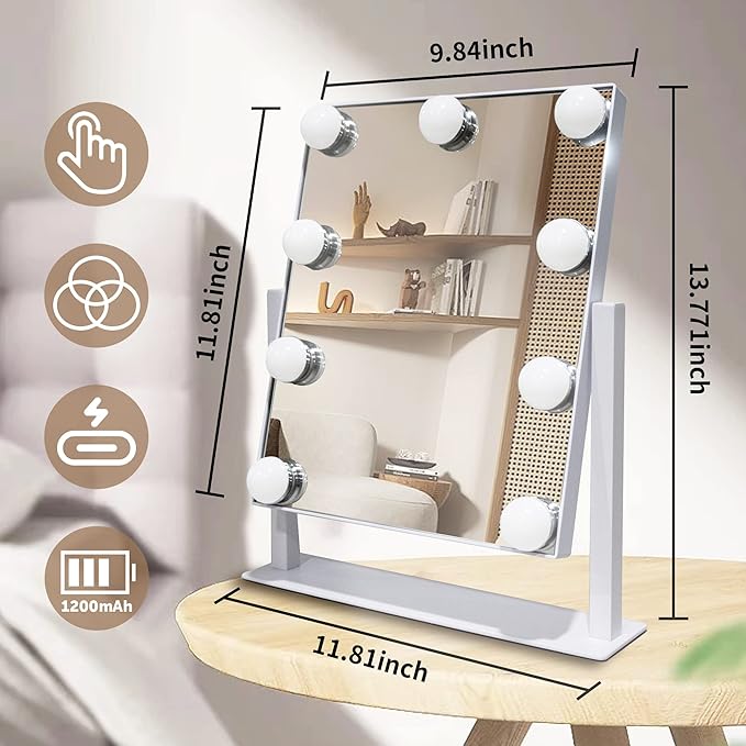 Hollywood Vanity Mirror with Lights, 9 Dimmable LED Bulbs Lighted Makeup Mirror with Detachable 10X Magnification Mirror, 1200mAh Rechargeable, 3 Color Lights, Gifts for Women Mom Teen Girls