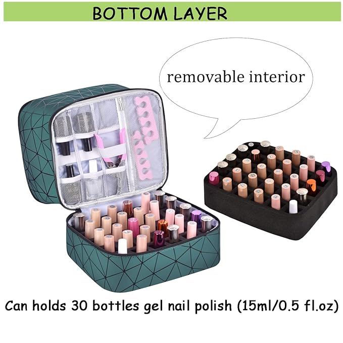 Nail Polish Carrying Case Bag-Holds 30 Bottles, Double-Layer Nail Polish Storage and Nail Dryer Case (Green)