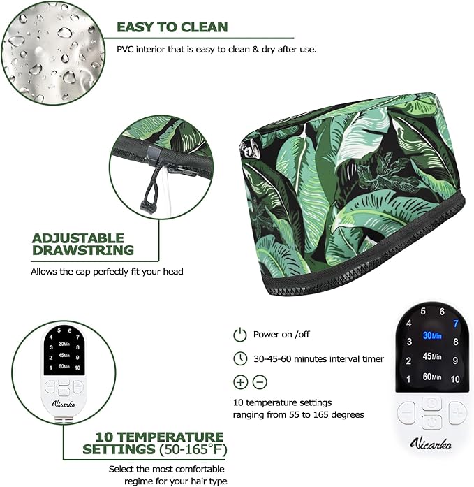 VICARKO Hair Steamer for Deep Conditioning, 10-Level Heats Up Quickly, 118” Power Cord, Heating Cap Hot Oil Treatment Heat, Electric Thermal Heated Steam for Natural Black Hair, Leaf Print