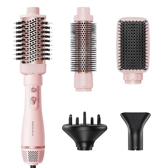 Blow Dryer Brush Set, Wavytalk Air Sculpt 5-in-1 Hot Air Brush Set, Multi Hair Styler for Salon Blowouts, Smooth Curls, Volumizing and Straightening, Sleek and Less Frizz, Pink