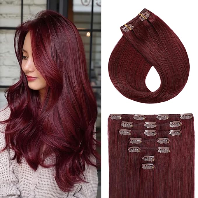 YILITE Clip In Hair Extensions Red Human Hair Extensions Clip Ins 16inch 70g 7pcs/Pack Burgundy Double Weft Silky Straight Remy Human Hair Thick Clip In Real Hair Extensions For Women