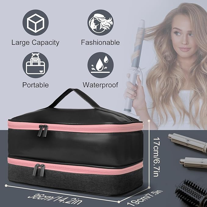 Travel Carrying Case for Shark Flex Style, Double Layer Hair Dryer Accessories Tools Storage Case, Waterproof PU Leather Organizer Bag for Shark Flexstyle/Dyson Airwrap Styler and Attachments (Black)