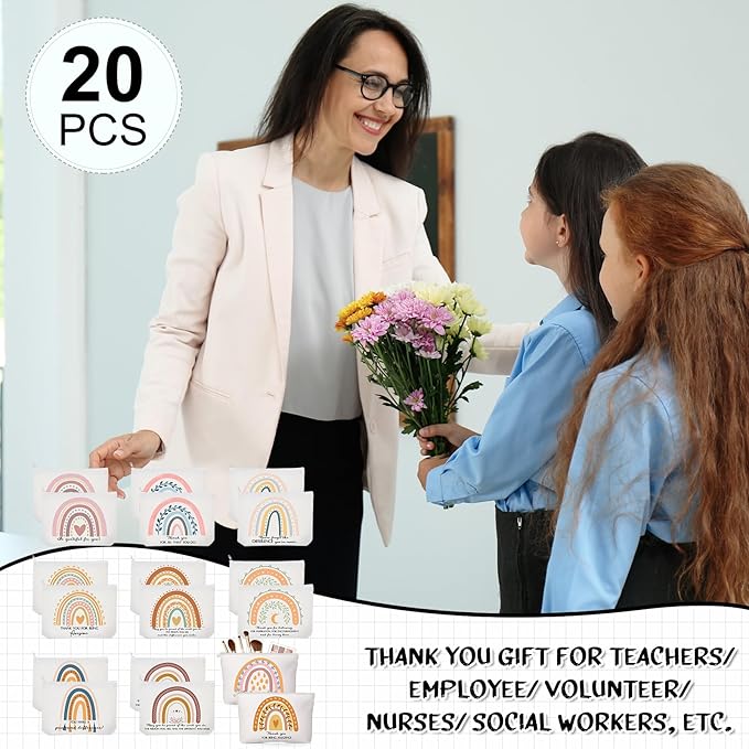 Sieral 20 Pcs Canvas Makeup Bags Bulk Inspirational Cosmetic Bag Pouch with Zipper for Women Employee Appreciation Thank You Gifts for Volunteer Teacher Nurse Assistant Mom Gifts(Rainbow)