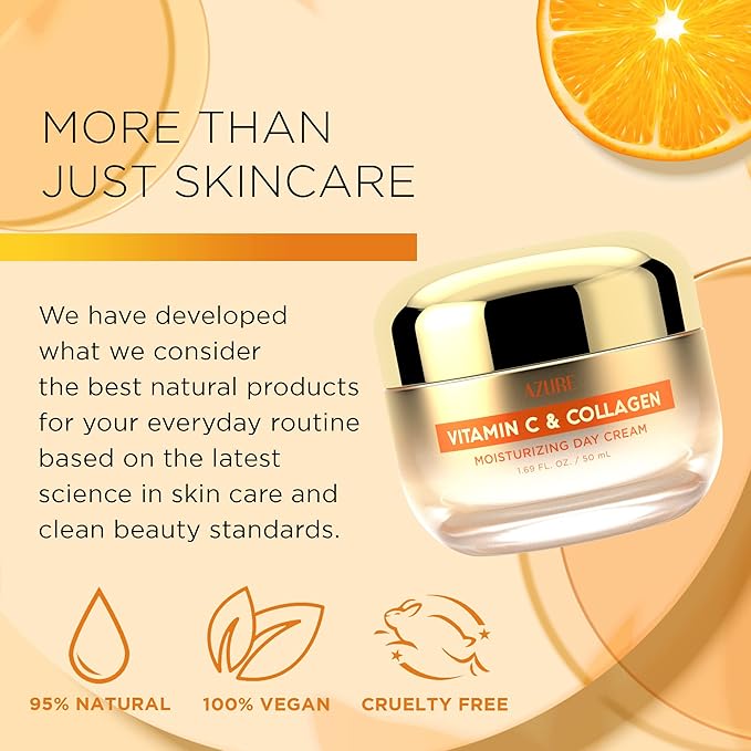 Azure Cosmetics Vitamin C & Collagen Face Moisturizer - Dermatologist Tested, Anti-Aging, Skin Tightening & Brightening, Clean, Cruelty-Free Face Cream - Korean Skin Care - All Skin Types - 1.69 fl oz