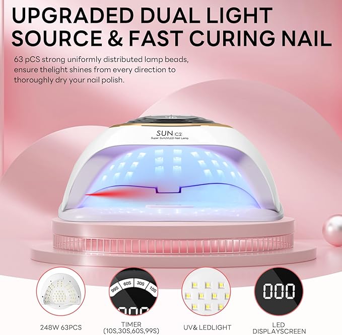 UV Light for Gel Nails, 248W Professional UV LED Nail Dryer with 63 Beads, Fast Curing Gel Polish Lamp Auto Sensor 4 Timer Setting, Nail Art Drying Tools for Home Salon Manicure