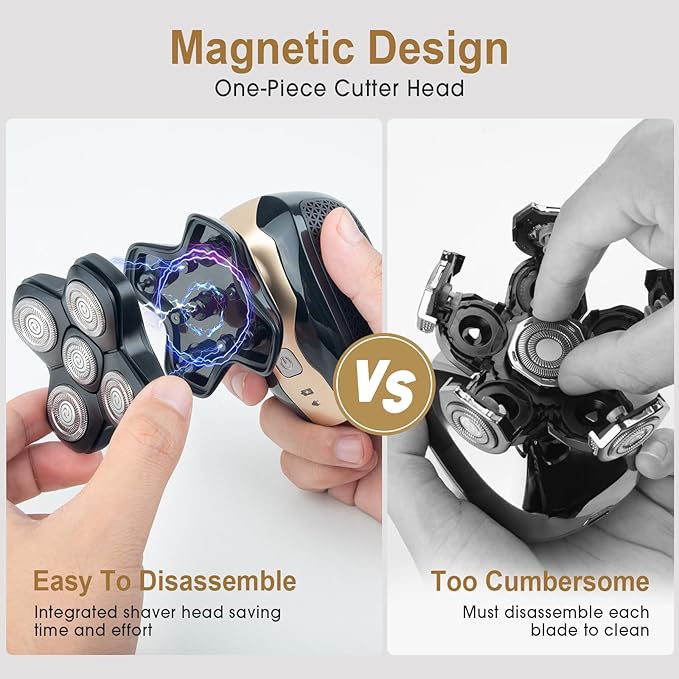 Upgrade Magnetic Head Shavers for Bald Men, Cordless & Comfort 5-in-1 Electric Razor - IPX7 Waterproof Wet/Dry Mens Grooming Kit - Easy Use Palm Shaver for a Smooth Bald Shave