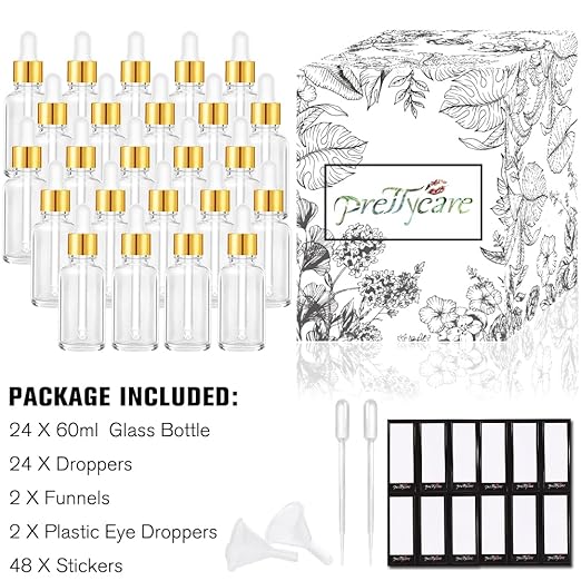 24 Pack 2 Oz Glass Eye Dropper Bottles Clear, 60 ml Empty Tincture Bottle with Droppers, 1 Extra Cap, 2 Plastic Funnels, 2 Pipettes & 48 Stickers for DIY Essential Oils, Body Oil, Beauty Oil