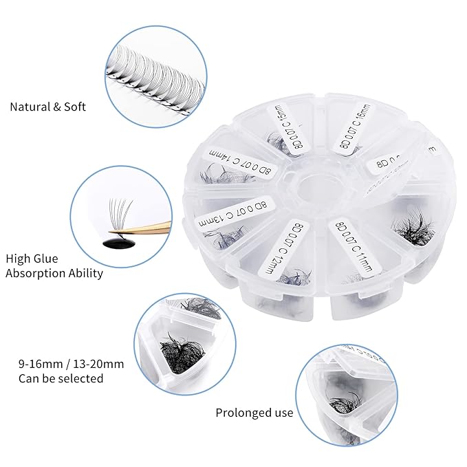 Volume Lash Extensions 8D Premade Fans Eyelash Extensions 500 PCS 0.07mm 9-16mm Mixed C/D Curl Short Stem Premade Volume Eyelash Extensions Pointed Base Fans (500PCS-8D-0.07-D, 9-16mm Mixed Tray)