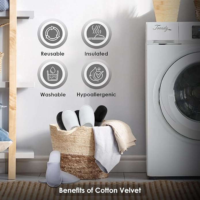 MODLUX Spa Slippers, 12 Pairs Cotton Velvet Closed Toe Disposable Slippers for Guests, 6 Medium and 6 Large House Shoe, Hotel, Home, Indoor, Bride Slippers, Slip-on with Travel Bag, White