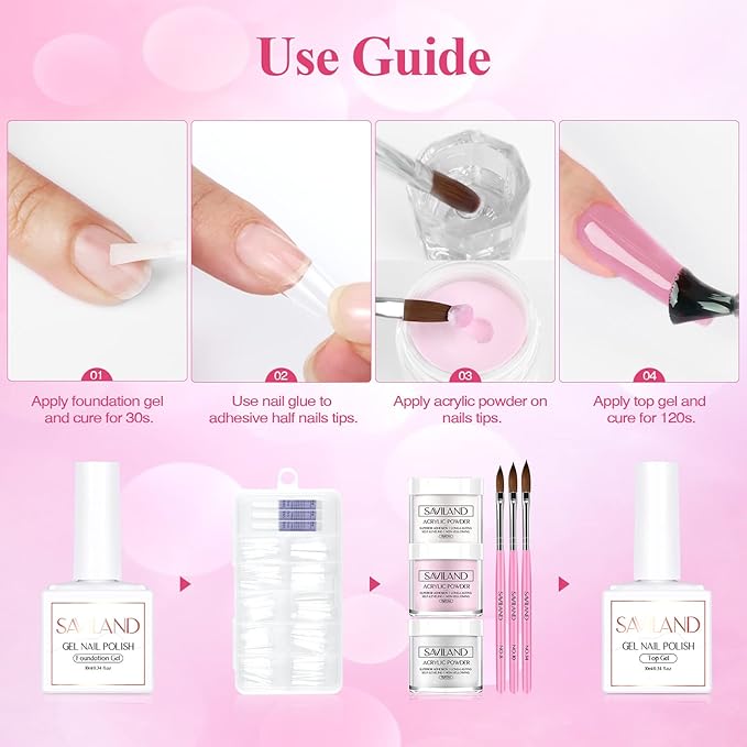 Saviland Acrylic Nail Kit – 61 in 1 Nail Kit Set Full Acrylic Powder Set with Everything Nail Supplies Acrylic Nail Liquid Nails Tips & Glue for Beginners Nail Extension French Manicure Home DIY