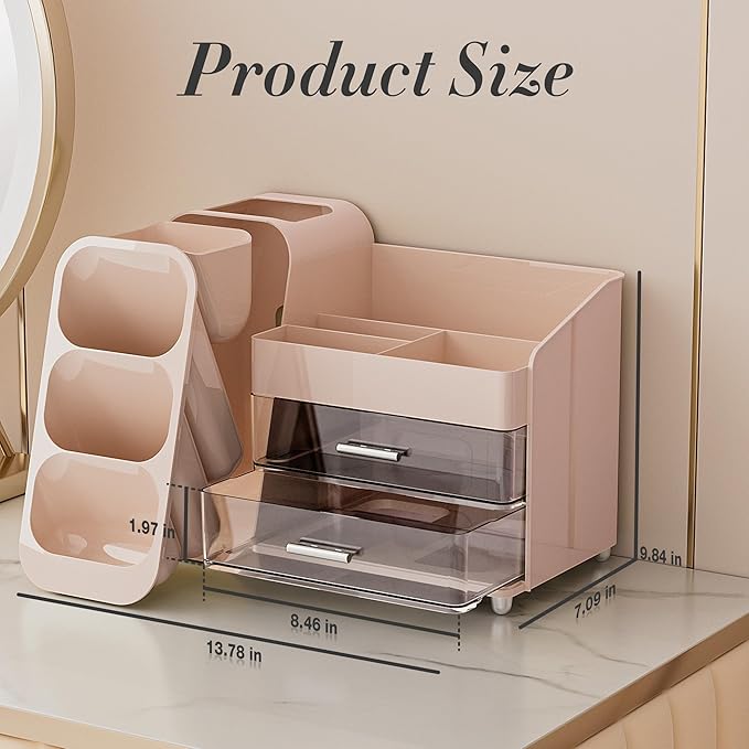Delamu Makeup Organizer with Drawers for Vanity, Spacious Cosmetic Display Case with Makeup Brush Holder, Perfect Vanity Bathroom Organizer and Storage Solution for Skincare & Beauty Essentials, Pink