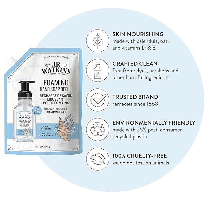 J.R. Watkins Foaming Hand Soap Refill, Moisturizing Foam Hand Wash, All Natural, Alcohol-Free, Cruelty-Free, USA Made, Ocean Breeze, 28 fl oz, 3 Pack