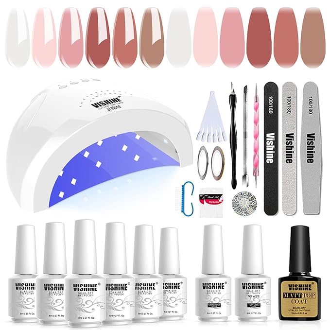 Vishine Gel Polish Starter Kit 48W LED UV Nail Dryer Curing Lamp Manicure Nail Tool Jelly Pink Milky White 6 Gel Color Set Base Top Coat Nail Art Gift Set C063