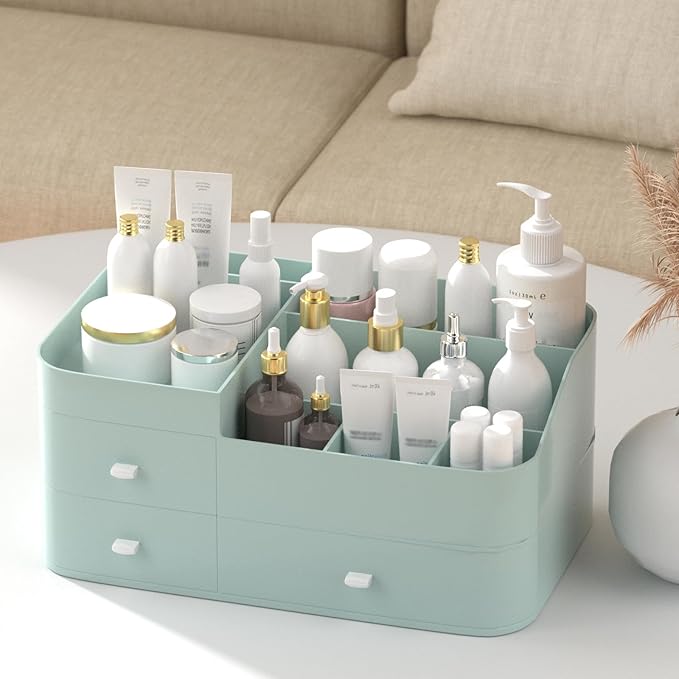 MIUOPUR Makeup Organizer for Vanity, Large Capacity Desk Organizer with Drawers for Cosmetics, Lipsticks, Jewelry, Nail Care, Skincare, Ideal for Bedroom and Bathroom Countertops - Large Green