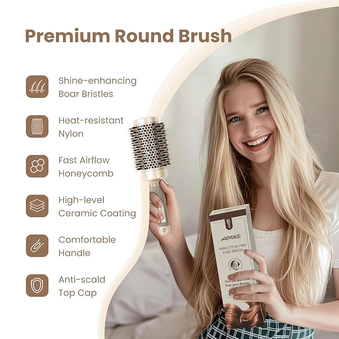 AIMIKE Hair Brush Set, Nano Thermal Ceramic & Ionic Tech Round Barrel Brush with Boar Bristles for Blow Drying, Enhance Texture for Styling, Curling and Shine, Includes 1 Tail Comb + 4 Hair Clips
