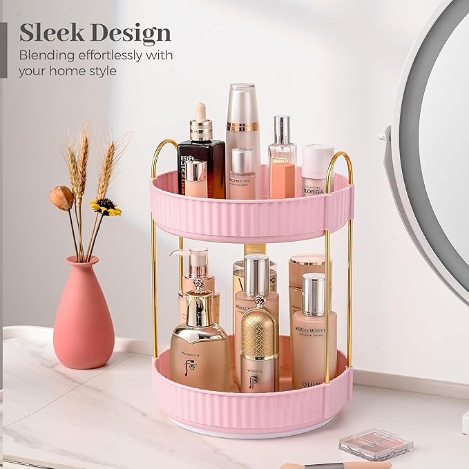 Aveniee 360 Rotating Makeup Organizer for Vanity, Skincare Perfume Organizers Large Capacity, Bathroom Countertop Organizer and Storage, Clear Cosmetics Lipstick Holder for dresser(2 Tiers, Pink)
