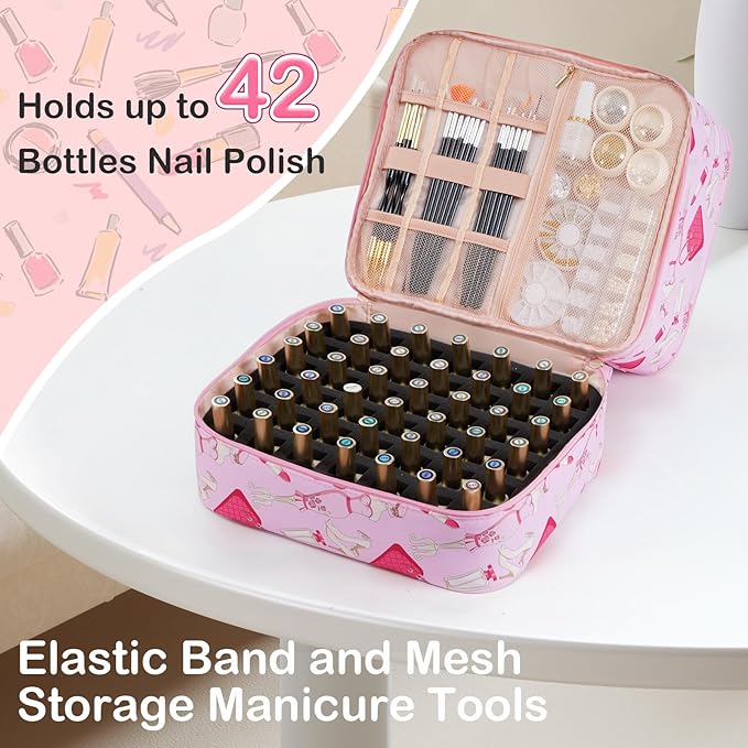 Uross Lipstick Nail Polish Organizer Bag for Teenager Girls Holds 42 Bottles Nail Polish & Nail Kit Storage Organizer Bag Nail Supplies Organizer Case for Nail Tech Gifts