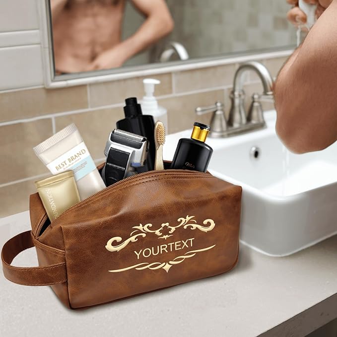 Personalized Toiletry Bag for Men - Custom Engraved Leather Travel Organizer, Waterproof Dopp Kit & Gifts for Dad, Husband, Boyfriend