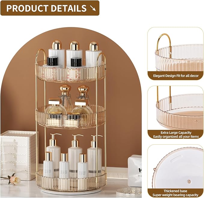 360° Rotating Makeup Organizer for Vanity - 3 Tier Perfume Organizer with Large Capacity - Skincare Organizer for Bathroom Counter - Space-Saving Cosmetic Storage for Dresser Countertop (Gold)