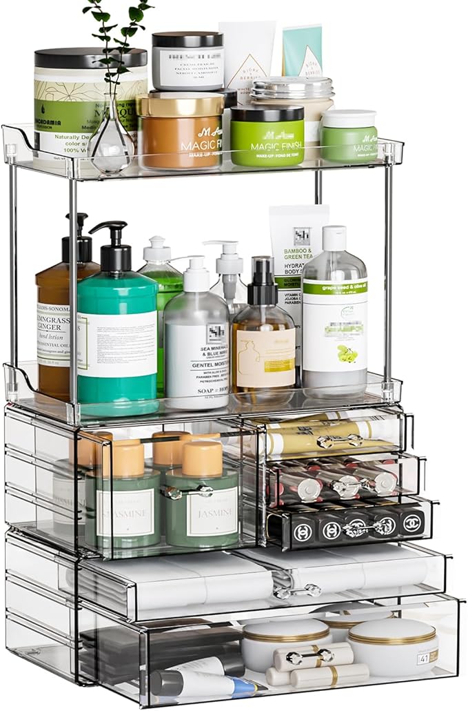 3 Tier 6-Drawer Bathroom Counter Organizer Shelf - Stackable Design - 18.9" Tall Large Cosmetic Organizer Suitable as Makeup,Beauty,Face Product,Lotion,Skincare Organizer,Clear