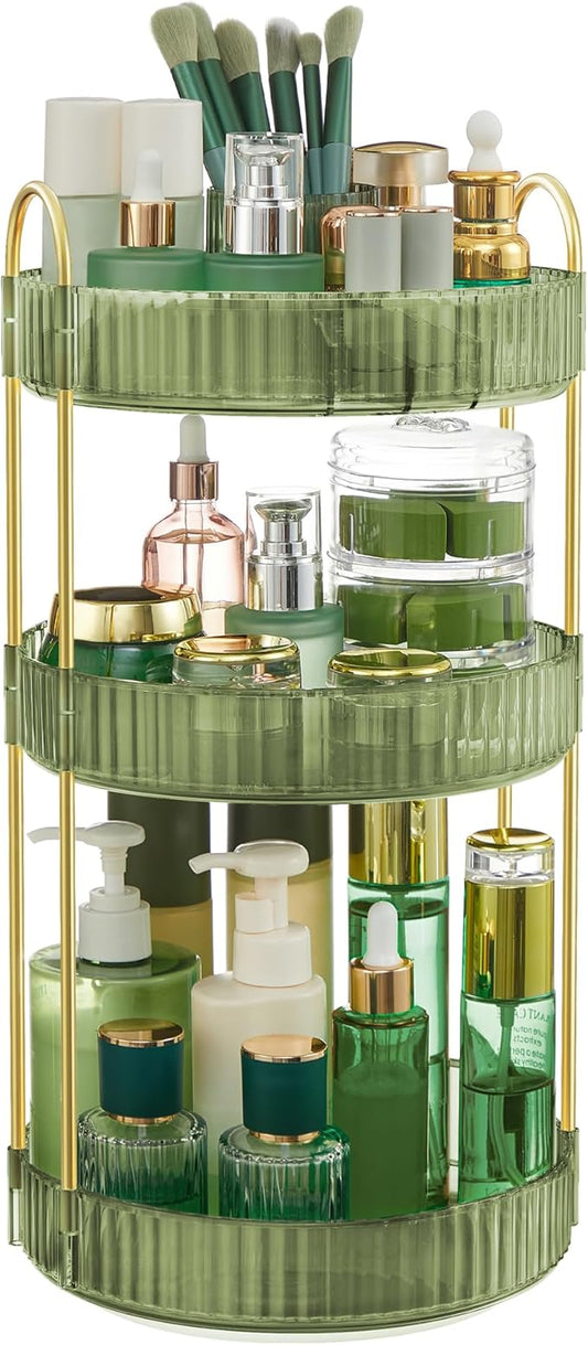 SONGMICS Makeup Organizer, 3-Tier Round Rotating Skincare Organizer Countertop, Customizable, Toiletries Vanity Organizer, Lazy Susan, Gift for Mom, Pale Green UJKA011C01