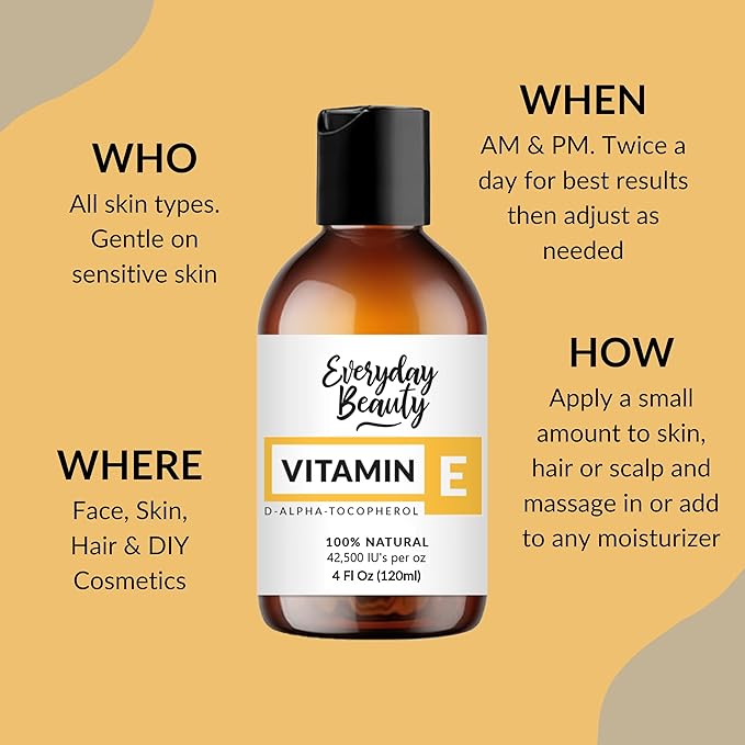Pure Vitamin E Oil - D-Alpha Tocopherol 100% Pure & All Natural 4oz 42,500 IU per oz - Thick, Amber Color, Nutty Aroma - From Wheat Germ -Face Body Hair -DIY Cosmetics & After Surgery Scars