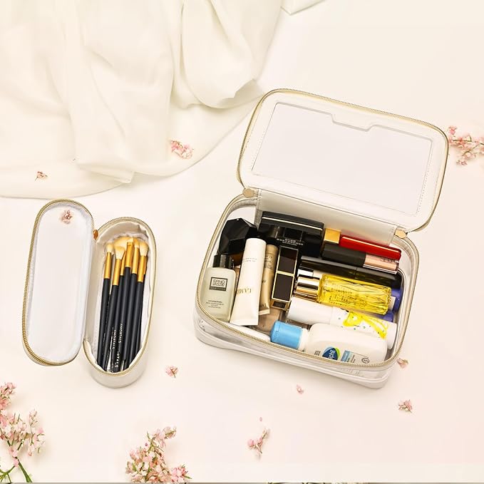 Clear Makeup Bag, Travel Clear Cosmetic Bag and Makeup Brush Bag, Transparent Portable Makeup Case, Waterproof Toiletry Bag with Zipper for Women, White