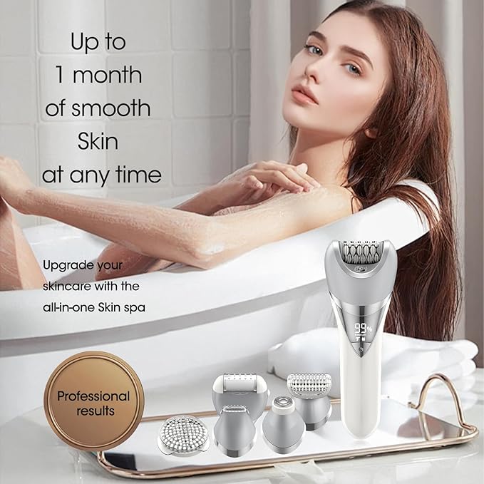 Epilator for Women, 7 in 1 Epilator Hair Removal for Women, Shaver, Bikini, Face Razor, Facial Brush, Face Massage and Body Exfoliator, IPX6 Waterproof Painless Lady Shaver Wet & Dry (White)