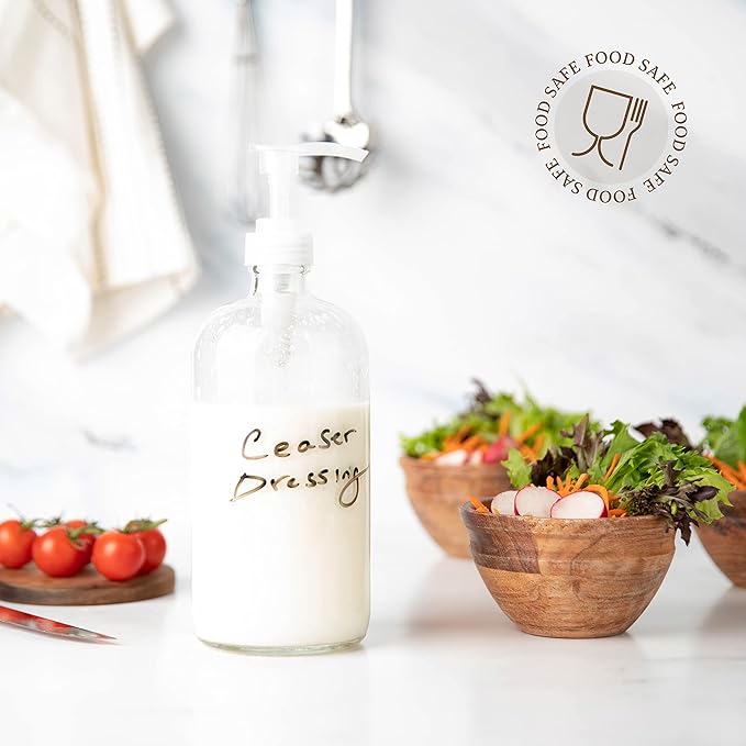 kitchentoolz 4 Pack of 32 Ounce Large Pump Bottles, Glass Refillable Containers for Lotions, Soaps, Oils, Sauces, Homemade Laundry Detergent - Food Grade