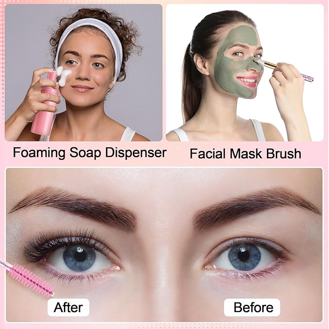 Zhehao 80 Pcs Lash Shampoo Bottle Brushes Kit 20 Foam Pump Dispensers 20 Lash Shampoo Brushes 20 Eyelash Aftercare Bag 20 Cleaning Pipes, Eyelash Extension Supplies(Pink)